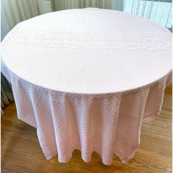 Vintage 90s pink curtain, contemporary ladder work lace, floral scalloped edge - Picture 4 of 9